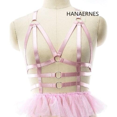 Womens Pink Kawayi Body Harness Cage Cupless Bra Lingerie Erotic Bondage Club Dancer Goth Crop Tops Cage Lingerie Goth Clothes