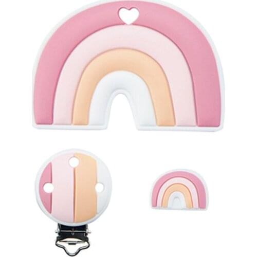 1Set/3Pcs Baby Silicone Rainbow Teether Cartoon Food Grade Baby Silicone Nipple Clip Silicone Beads Silicone Teether Toy