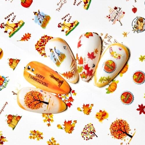 1pcs Fall Leaves Nail Art Stickers Gold Yellow Maple Leaf Water Decals Sliders Foil Autumn Design For Nail Manicure