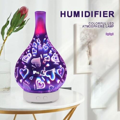 100ML Portable Mini 3D Glass Love Heart Ultrasonic Humidifier Household Colorful LED Essential Oil Diffuser For Car Home Office