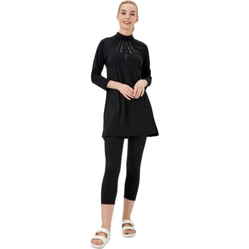 2021 Swimwear Women Modest Long Sleeves Sport Swimsuit Sequin Detailed Fakir Sleeve Black Pool Swimsuit Plus size 5XL