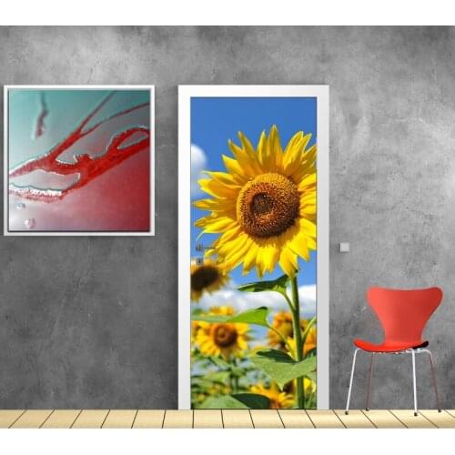 3D Door Sticker Sunflowers Mural Wall Sticker DIY Door Cover Kitchen Home Decoration Accessories Modern 3d Wall Stickers