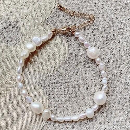 4-10MM Rice Irregular Nuggets Stone White Baroque Pearl Bracelets for Women Briidal Wrist Natural Freshwater Pearl Bracelets