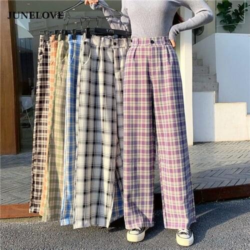 JuneLove Plaid Woman Pants Vintage Wide Leg Pants Trousers Female Casual High Waist Korean Style Straight Streetwear Bottoms