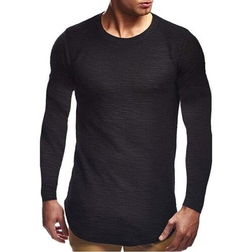 Mens Long-sleeve T-shirt Men Solid Jacquard Casual Mens Slim-fit arc Hem T-shirt Casual Tops Fashion Pullovers O Neck T Shirts