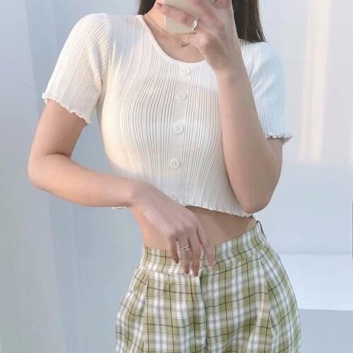 Summer Ruffles Knitted T Shirts Cropped Tops Women O Neck Short Sleeve Ribbed Button Slim Stretch Bodycon Tshirt Sexy White Tee