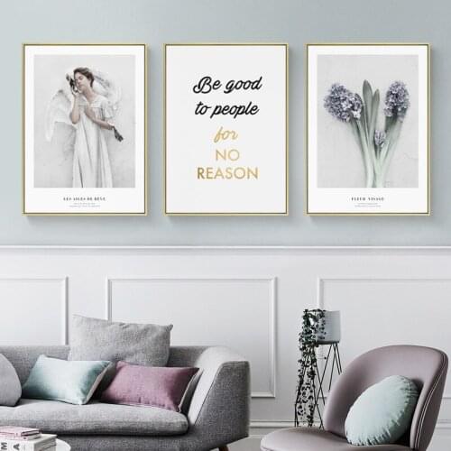 Characters Girl Feather Decoration Painting Green Plant Purple Flower Motto Canvas Wall Frameless Picture Poster Living Room