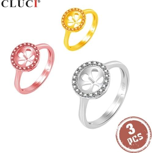 CLUCI 3pcs Silver 925 Women Round Adjustable Rings Zircon Pearl Ring Mounting 925 Sterling Silver Open Rings Jewelry SR2127SB