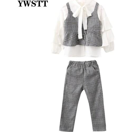 Girls Lattice Sets Autumn Kids Vest + Long-sleeved Shirt + Pants Three-piece Girls Outfits Fashion Spring Children Clothes 3PCS