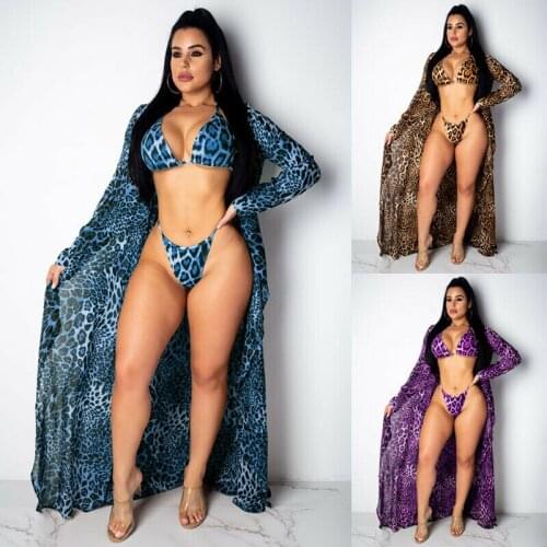 Summer Sexy Women Leopard Print Bikini Sets 3 pcs Bathing Suits Cover-ups Swimsuit Swimwear with Bikini Cover Up Kaftan Sarong
