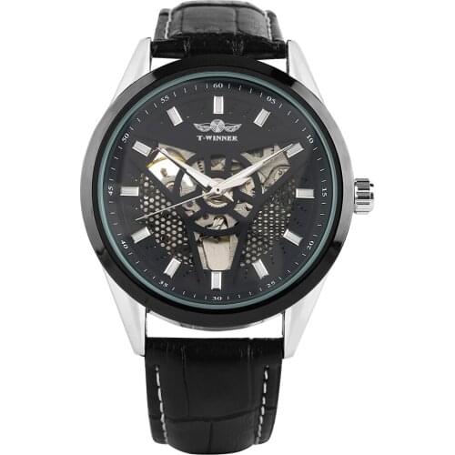 Mens Automatic Self-Wind Mechanical Watches Hollow Triangle Dial Leather Strap Stainless Steel Skeleton Luxury Business Watch