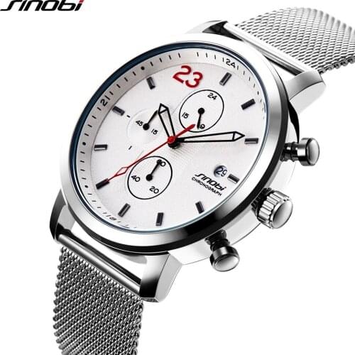SINOBI Top Brand Chronograph Casual Mens Watches Leisure Stainless Steel Milanese Mesh Band Wristwatch Man Business Watch Clock