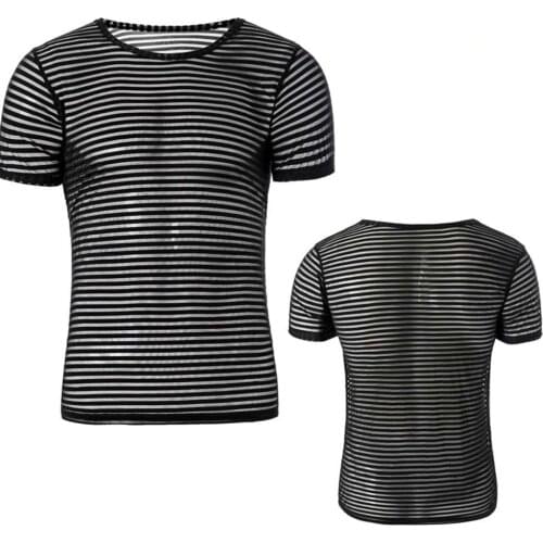 Unisex Undershirt Sexy Mesh Sheer Basic Shirts O-neck Gay Short Sleeves Slimming Undershirts Inner Tops Pajamas Sleeping Wear