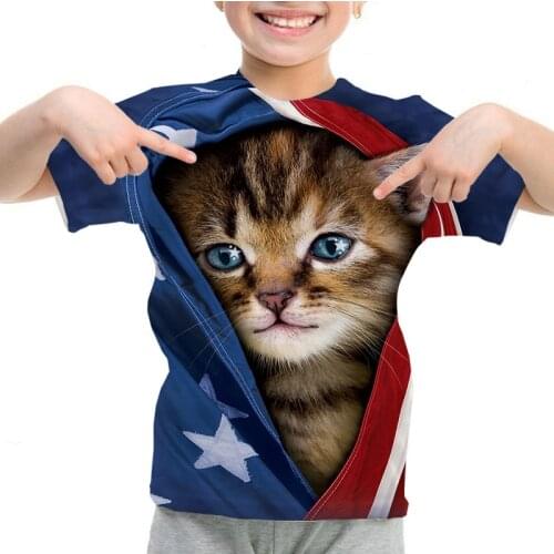 New Summer Childrens T-shirts 3D Cat Print Harajuku T Shirt for Boys Short Sleeve Tee Tops Cat/Dog Graphic T-shirt Kids Clothes