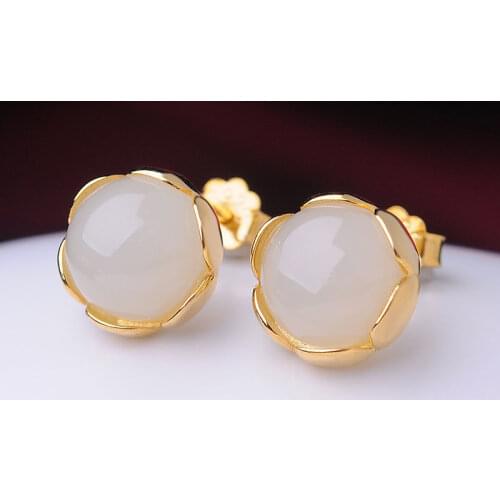 New Inlaid Natural Hetian Jade Lotus Earrings Female Small And Round Cute Charm Fresh Delicate Womens Brand Jewelry