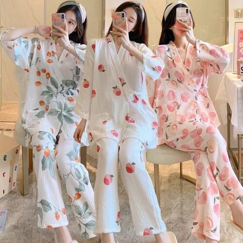 2021 Autumn Winter Long Sleeve 100% Cotton Kimono Pajama Sets for Women Sleepwear Suit Pyjama Homewear Pijama Mujer Home Clothes