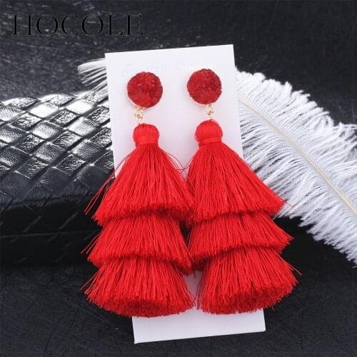 HOCOLE Boho Long Tassel Earrings Multi-layer Red Blue Yellow Silk Fabric Long Drop Earring For Women Wedding Statement Jewelry