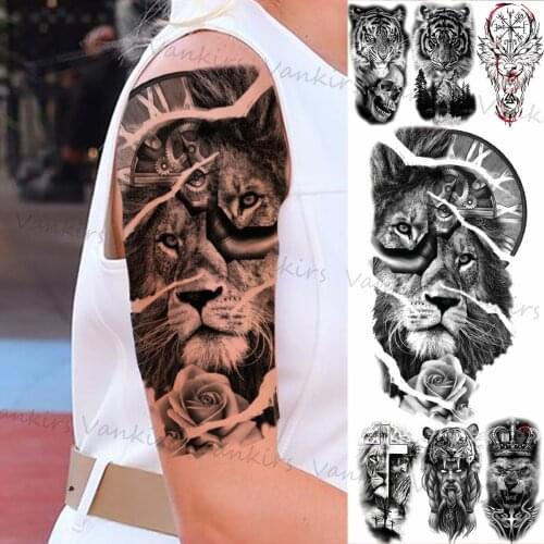 Black Lion Compass Rose Flower Temporary Tattoos For Women Men Tiger Skull Lion Praying Bear Fake Tattoo Sticker Arm Leg Tatoos