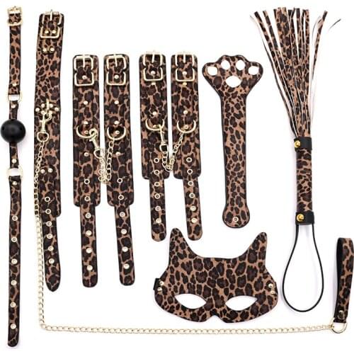 Adults Sex Couple Flirt Leopard Handcuffs Shackle Collars Traction Chain Whip Gag Bdsm Bondage Constraint Sex Toy Set