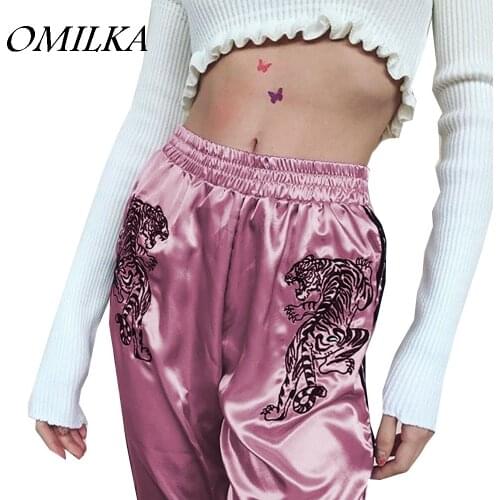 OMILKA 2018 Summer Women Side Striped Poplin Tiger Pants Trousers Casual Pink Mid Waist Streetwear Club Party Full Pants