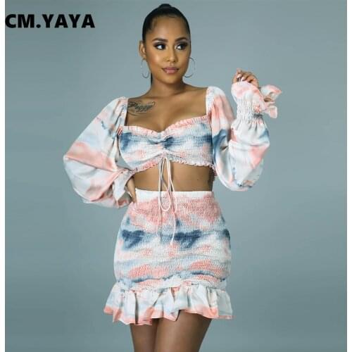 CM.YAYA 2021 Summer Fashion Dress Set Women Full Sleeve Tie-dye Print Crop Tops +Skirts 2 Piece Set Matching Sets Tracksuits
