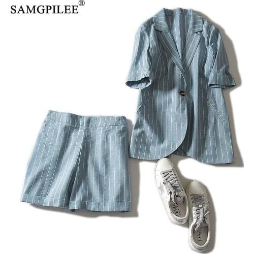 Women Summer Suit Short Sleeve Office Lady Single Button Turn-down Collar Plus Size Two Piece Sets Striped Clothes For Women 4XL