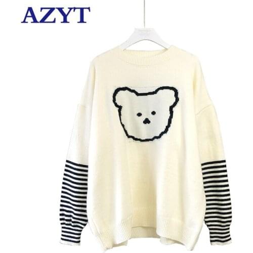 AZYT Cute Cartoon Print Women Sweater Pullovers 2021 Autumn O Neck Loose Knit Jumpers Tops Female Striped Long Sleeve Knitwear