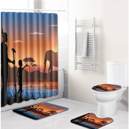 African Style Landscape Polyester Shower Curtain Set Non Slip Rugs Carpet for Bathroom Toilet Flannel Bath Mat Set 4pcs