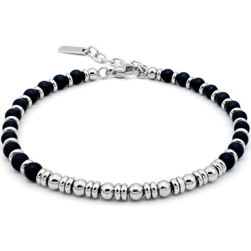 Runda Fashion Men And Women Classic Black Natural Stone Beaded Bracelet Stainless Steel Chain Couple Jewelry Gift