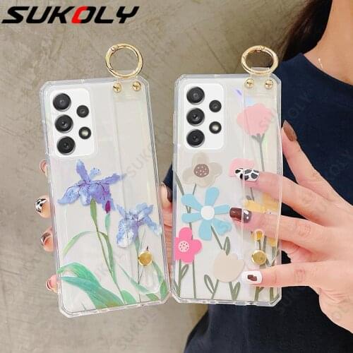 For Samsung A52 Case Floral Hand Strap Clean Silicone Case Square Stand Cover For Samsung S21 Ultra S20 FE A71 A51 A21S A30 A50