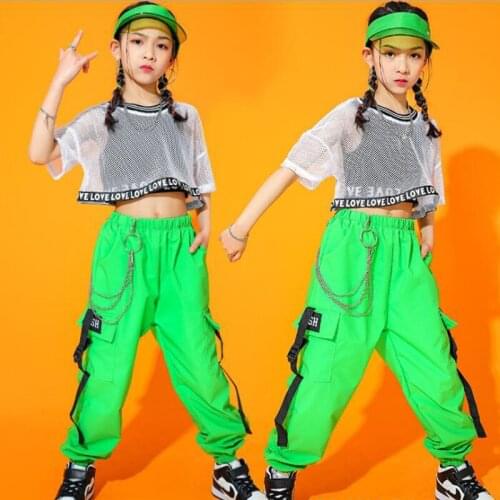 Kids Hip Hop Dancing Clothing Carnival Outfits Net Crop Tops Tshirt Cargo Pants For Girls Dance Wear Costume Stage Show Clothes