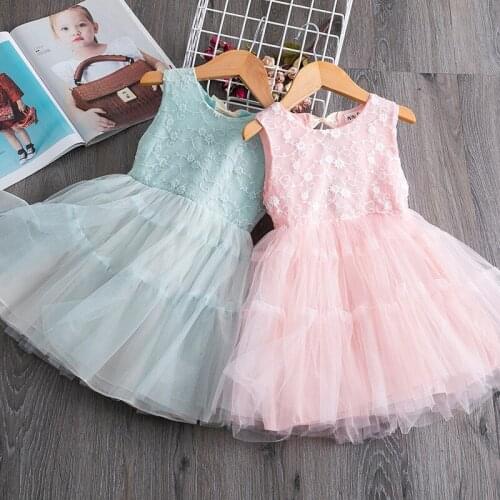 New Summer Kids Baby Girls Holiday Dress 2 Colors Lace Floral Sleeveless Knee Length Tutu Sundress 2-7Y