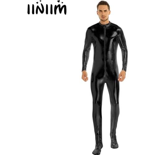 Iiniim Mens Body Sexy Teddies Shiny Metallic Club Bodystocking Closed Toe Stretchy Full Body Leotard Bodysuit Clubwear Costumes