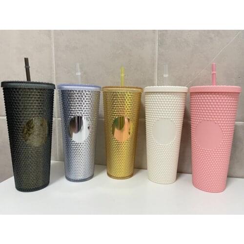 Tumblers with Straw Coffee Cup Summer Holiday Cold Cup Double Layer Plastic Durian Cup Diamond Radiant Goddess Studded Straw Cup