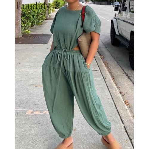 Women Short Sleeve Top and Pocket Design Drawstring Harem Pants 2pcs Set