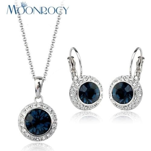 MOONROCY Free Shipping Fashion Crystal Necklace and Earrings Jewelry Set Rose Gold Color Jewelry Set Blue women Gift
