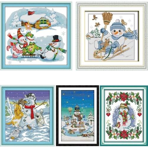 Joy Sunday Stamped Cross Stitch Kit Christmas Snowman Landscape 14CT11CT Count Hand Embroidery Needlework Accessory Set DIY Gift