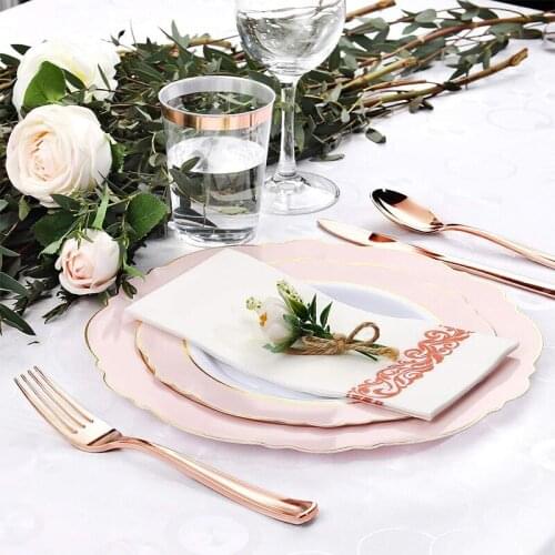 Pink Gold Plastic Plates Set Disposable Plastic Silverware Special For Bridal Shower Wedding Birthday Christmas Party 25-75pcs