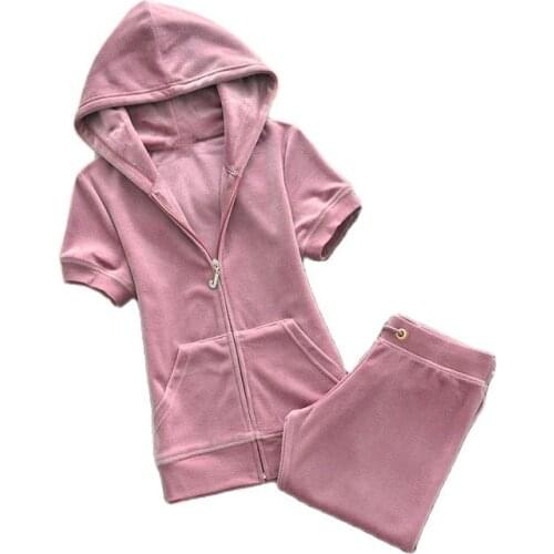 2021 new spring and autumn fashion short-sleeved pants pants color velvet leisure suit diamond zipper XXL suit