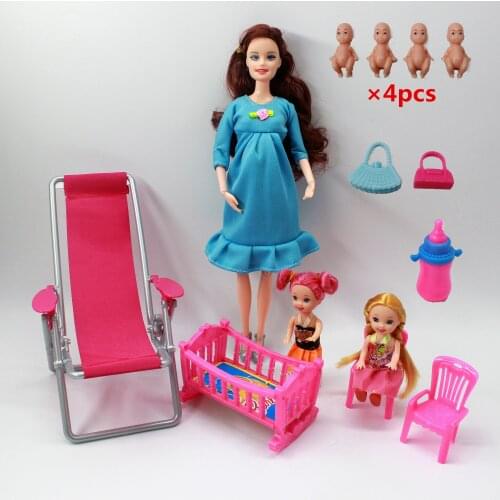 11.5"/30cm Latest Fashion Pregnant Doll Mother and Child Combination Trolley Puppy Children Toy Accessories + 4 Little Dolls