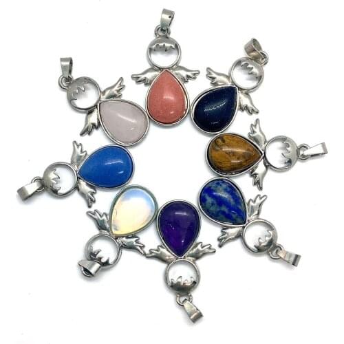 2 Pieces of Natural Stone Opal Amethyst Tiger Eye Lapis Lazuli Necklace Pendant Wing-shaped Handmade DIY Charm Jewelry Making