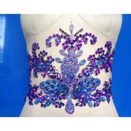 Hand made crystals trim patches sew on sequins beads purple Rhinestones applique 43*19cm for top dress skirt accessory