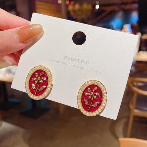 S925 Needles Fashion Red Rose Female Earring Circle Pearl All-Match Elegant