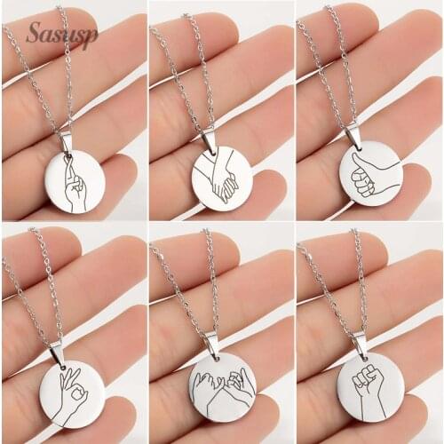 Sasusp Stainless Steel Hand Gesture Pendants Neckalces Engraved Sign Language Chain Necklace Women Men Kids Friendship Gift