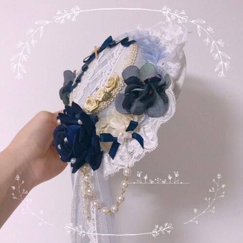 Handmade Japanese lolita elegant lace cyan rose flat hat headwear medicine box Versailles lace hat side clip cosplay accessories