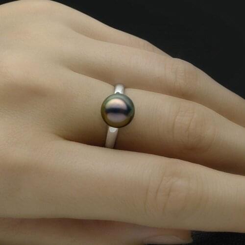 Luminous 8-9MM AAA Round Real Tahitian Cultured Green Pearl Ring 14K White Gold