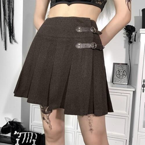 Vintage Tweed Brown Skirts Sexy Autumn Clothes High Waist Bottoms Women Gothic Patchwork Pleated Mini Skirt