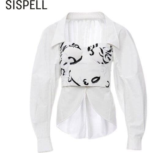 SISPELL Patchwork Print Blouse Shirts For Female Lapel Collar Long Sleeve High Waist Slimming Colorblock Womens Shirt New 2021