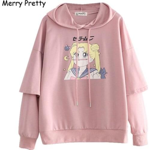Merry Pretty Women Cartoon Print Hooded Sweatshirts 2020 Winter Long Sleeve Patchwork Hoodies For Femme Harajuku Pullovers