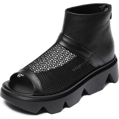 Promotion 2021 New Fish Mouth Cowhide Mesh Roman Shoes Woman Sandals Summer Cool Boots Platform Non-slip Wedges Heighten Sandals